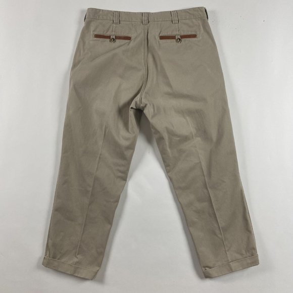 Orvis Zambezi Twill Pants Mens 38 x 29 Khaki Cotton with Leather Trim Cuffed - Picture 2 of 12